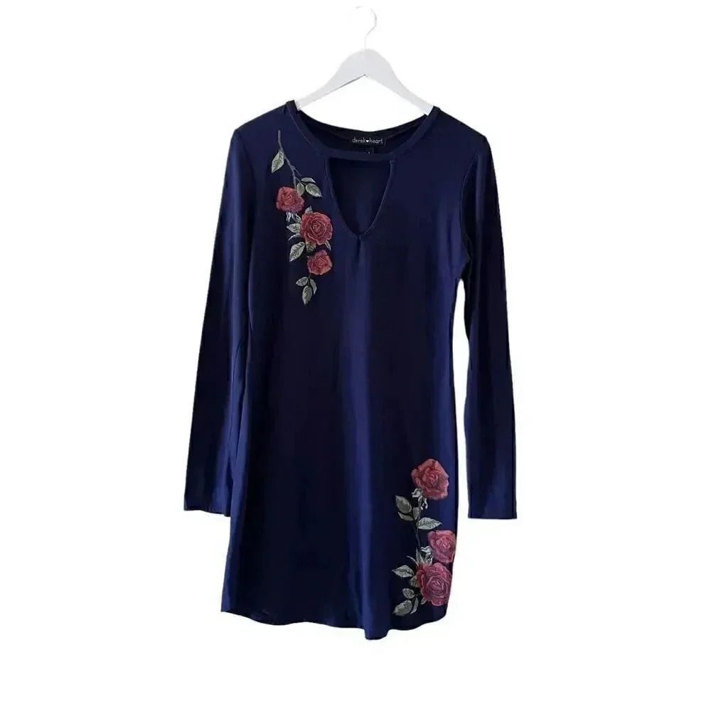 Derek Heart Navy Embroidered Roses Long Sleeves MIDI Women’s Dress SZ L #1242